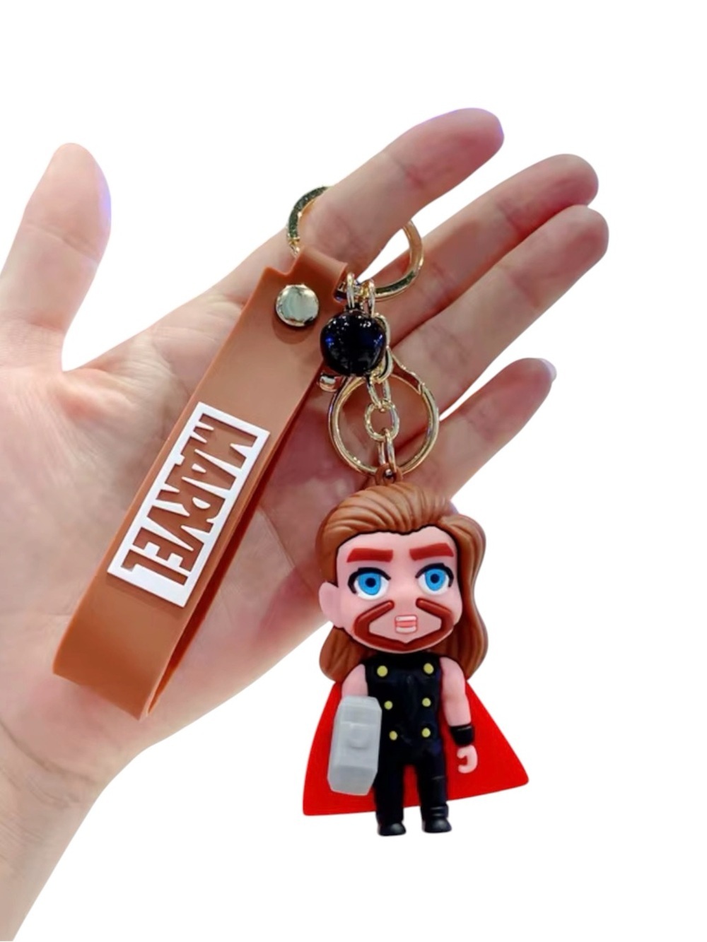 Marvel Thor Rubber Keychain with Brown Strap and Red Cape
